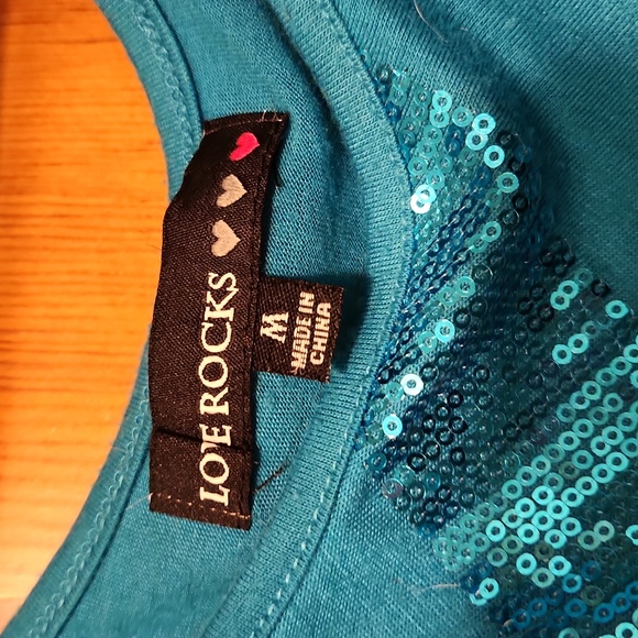 Woman's dressy sequined shirt by Love Rocks, size medium, Teal, gently worn - Picture 2 of 5